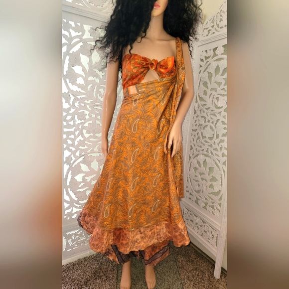 Exotic Boho Silk Muted Gold & Blue Reversible Wrap Maxi Skirt - Picture 5 of 16